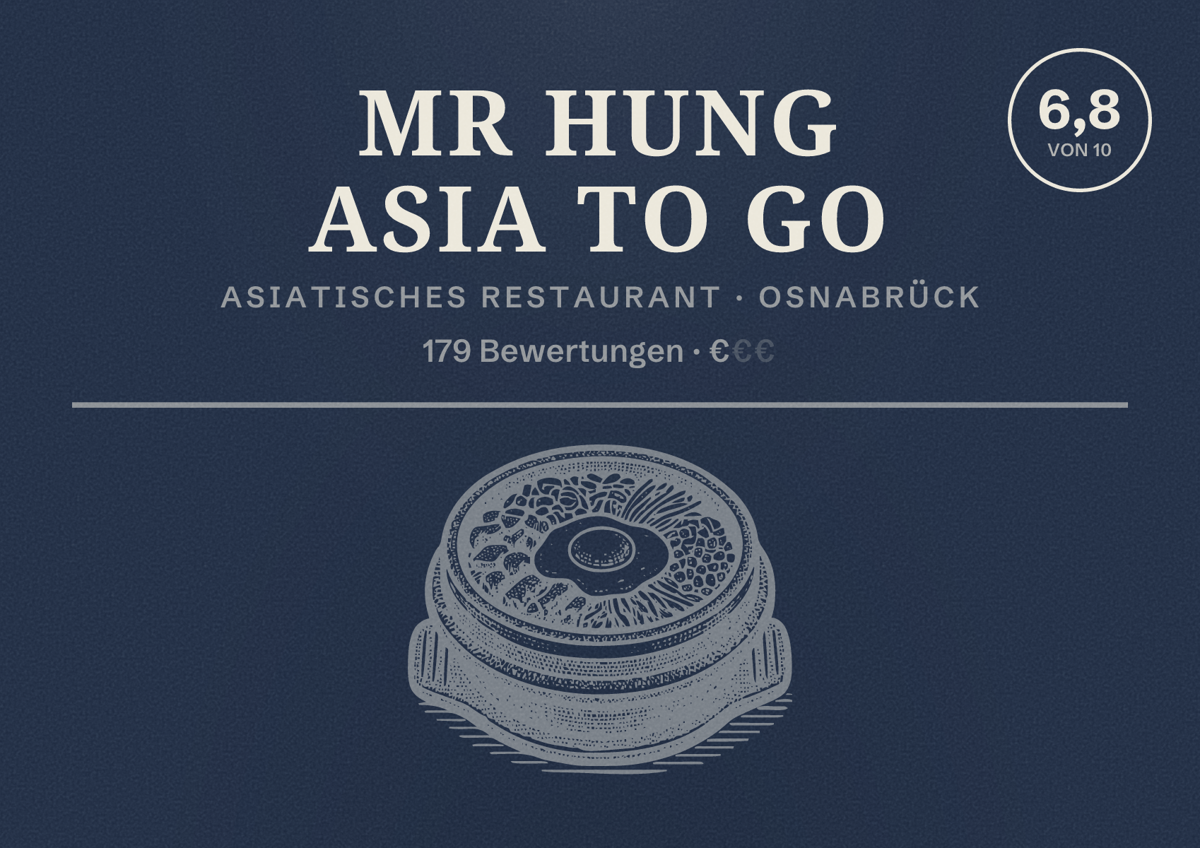 Illustriertes Poster von Mr Hung Asia to go, Asiatisches Restaurant in Osnabrück: Bewertung 6,8 von 10 aus 179 Bewertungen, Preisniveau €