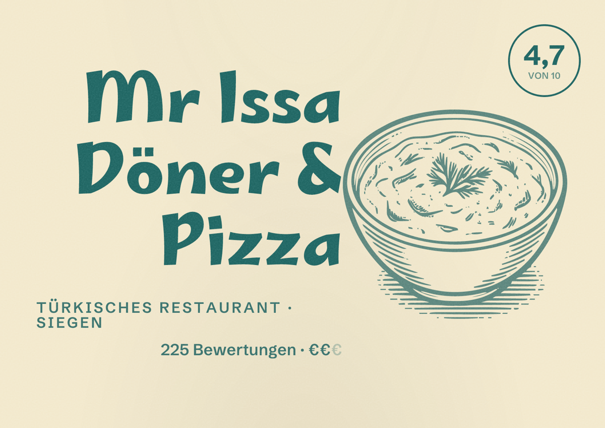 Illustriertes Poster von Mr Issa Döner & Pizza, Türkisches Restaurant in Siegen: Bewertung 4,7 von 10 aus 225 Bewertungen, Preisniveau €€