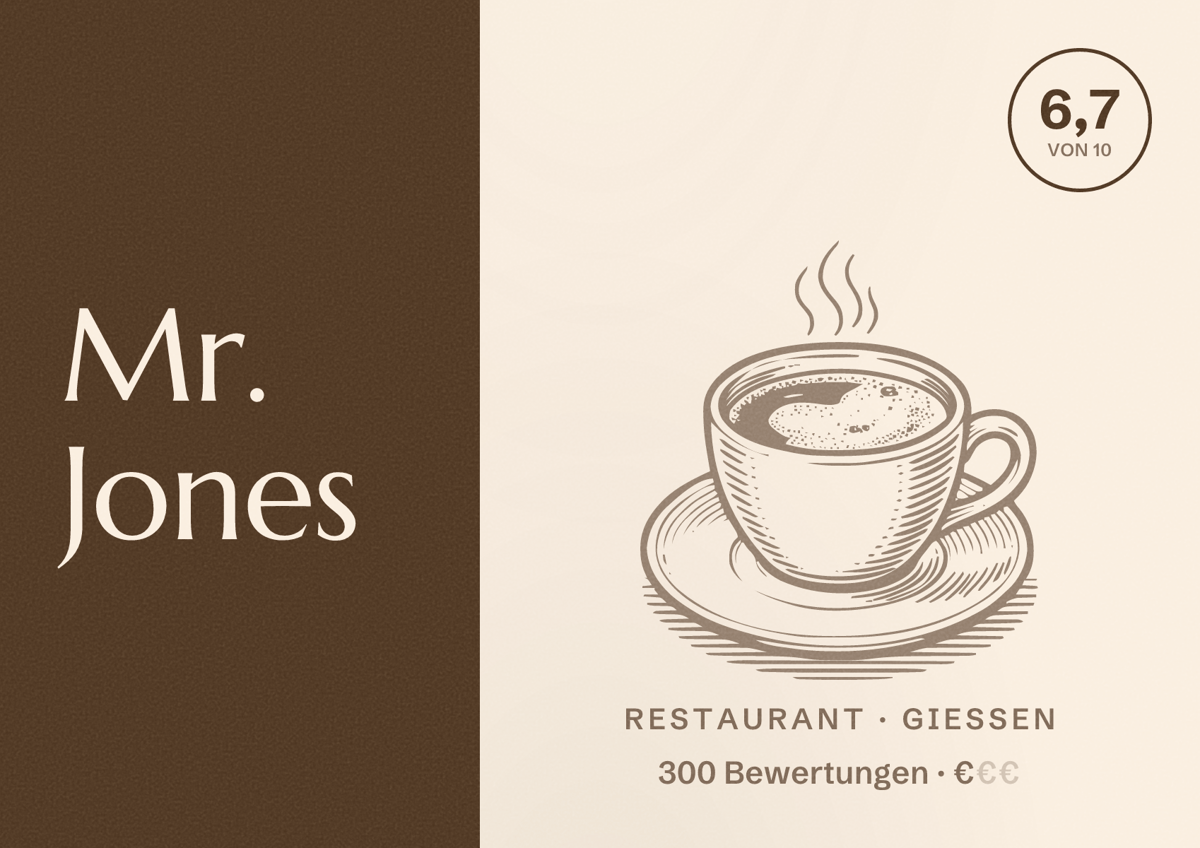 Illustriertes Poster von Mr. Jones, Restaurant in Gießen: Bewertung 6,7 von 10 aus 300 Bewertungen, Preisniveau €