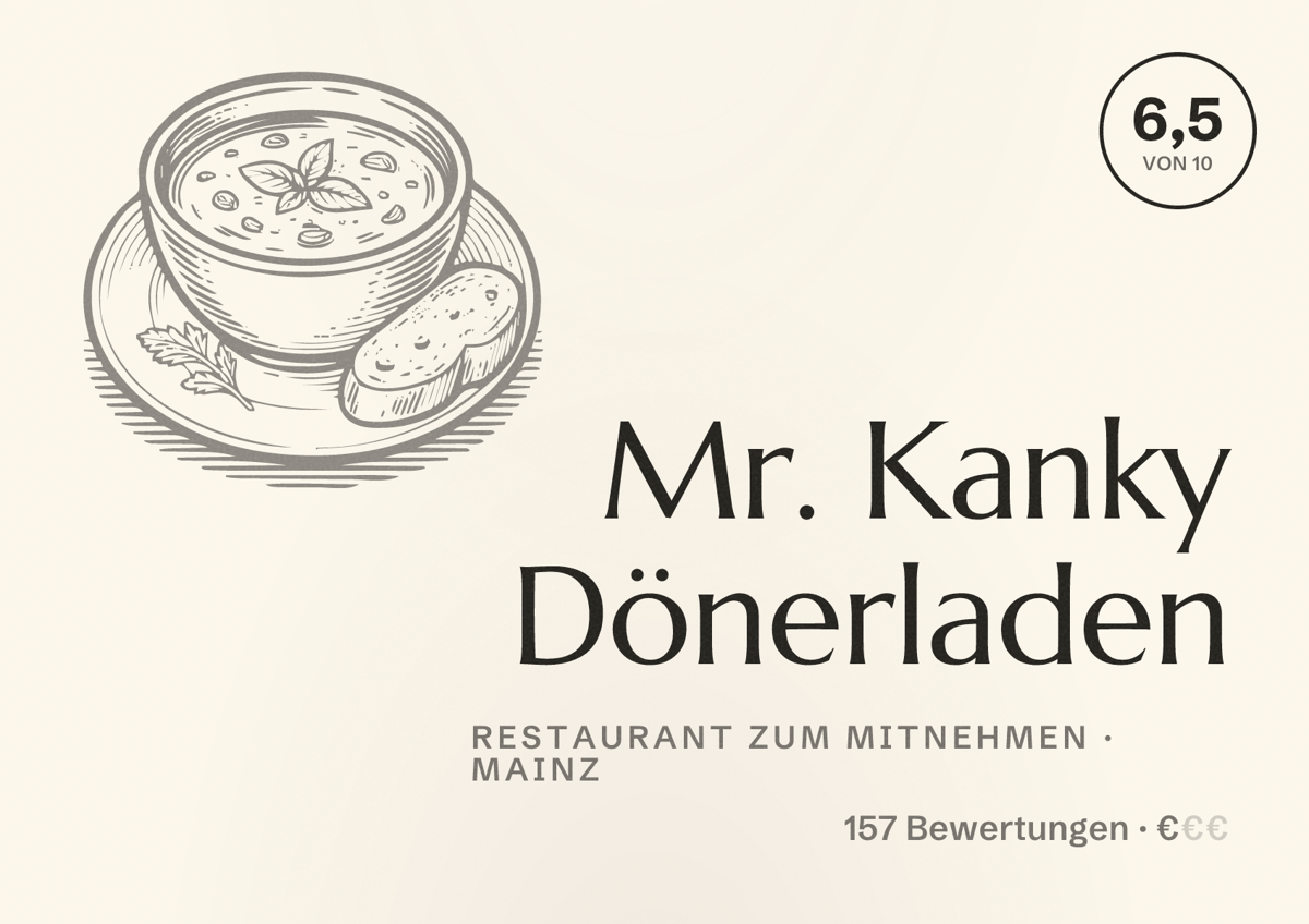 Illustriertes Poster von Mr. Kanky Dönerladen, Restaurant zum Mitnehmen in Mainz: Bewertung 6,5 von 10 aus 157 Bewertungen, Preisniveau €