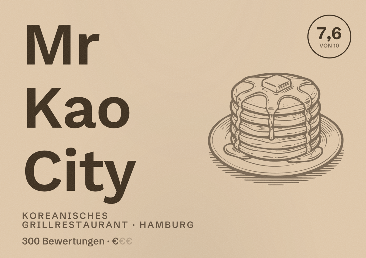 Illustriertes Poster von Mr Kao City, Koreanisches Grillrestaurant in Hamburg: Bewertung 7,6 von 10 aus 300 Bewertungen, Preisniveau €