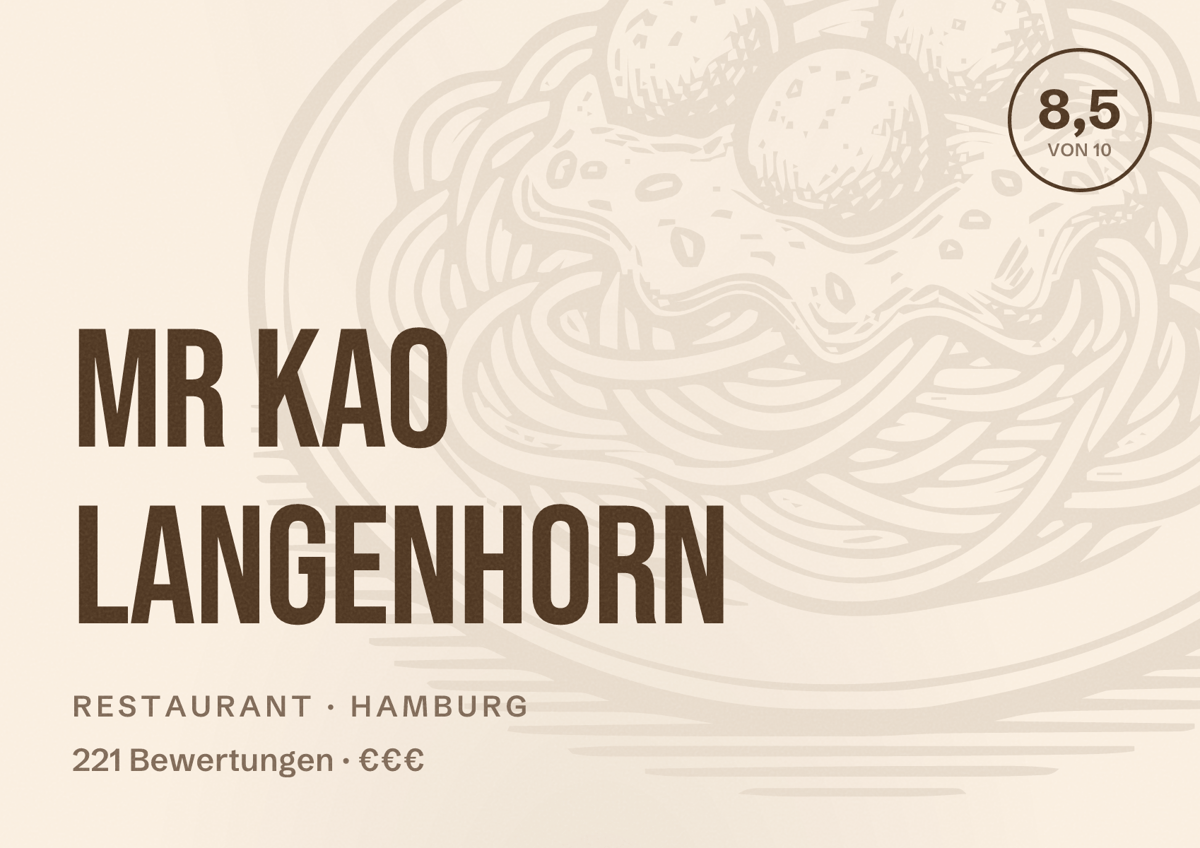 Illustriertes Poster von Mr Kao Langenhorn, Restaurant in Hamburg: Bewertung 8,5 von 10 aus 221 Bewertungen, Preisniveau €€€