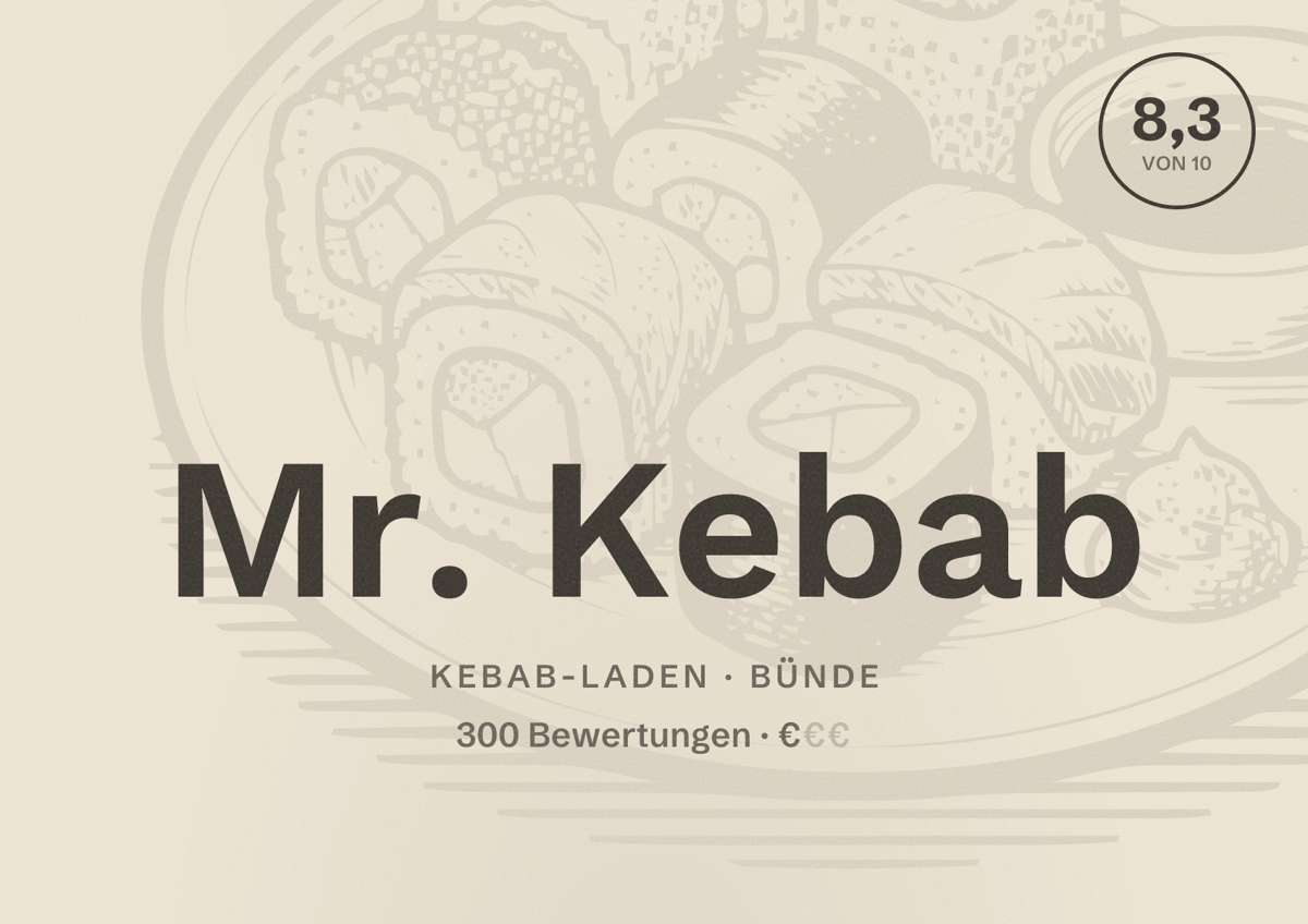 Illustriertes Poster von Mr. Kebab, Kebab-Laden in Bünde: Bewertung 8,3 von 10 aus 300 Bewertungen, Preisniveau €