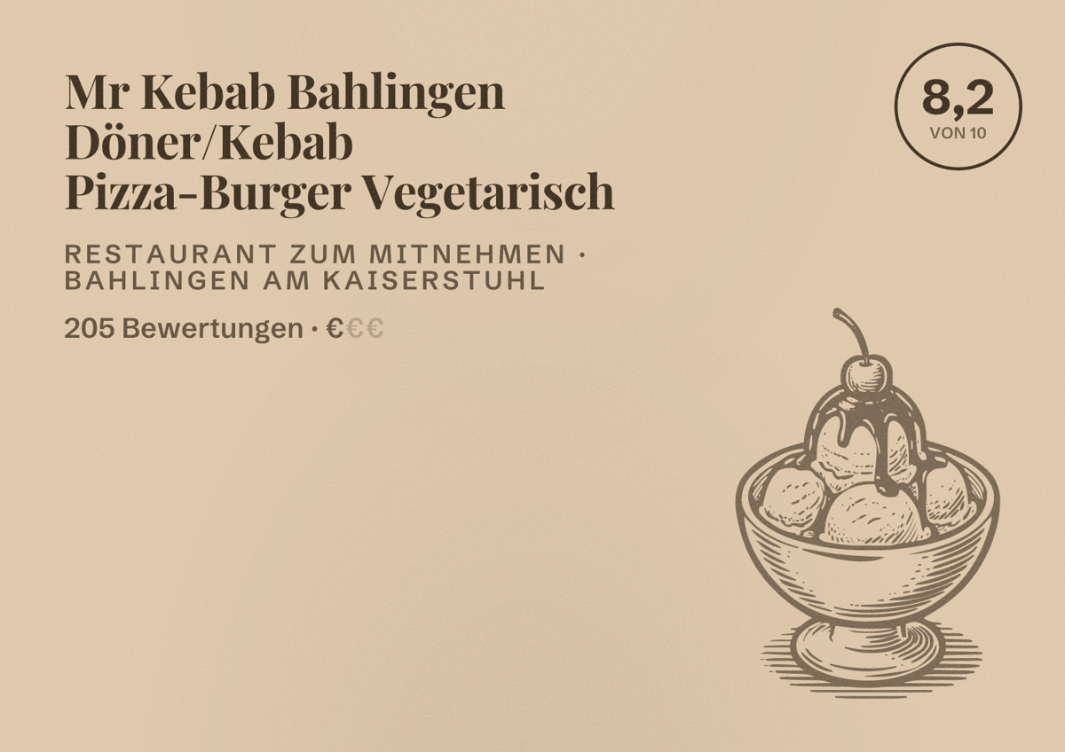 Illustriertes Poster von Mr Kebab Bahlingen Döner/Kebab Pizza-Burger Vegetarisch, Restaurant zum Mitnehmen in Bahlingen am Kaiserstuhl: Bewertung 8,2 von 10 aus 205 Bewertungen, Preisniveau €
