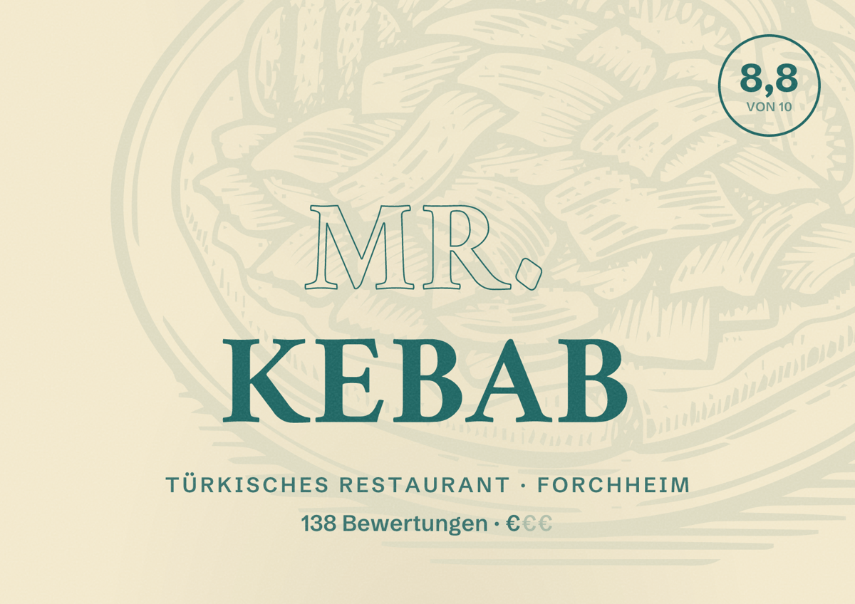 Illustriertes Poster von MR. KEBAB, Türkisches Restaurant in Forchheim: Bewertung 8,8 von 10 aus 138 Bewertungen, Preisniveau €