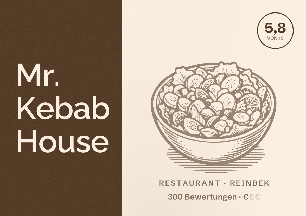 Illustriertes Poster von Mr. Kebab House, Restaurant in Reinbek: Bewertung 5,8 von 10 aus 300 Bewertungen, Preisniveau €