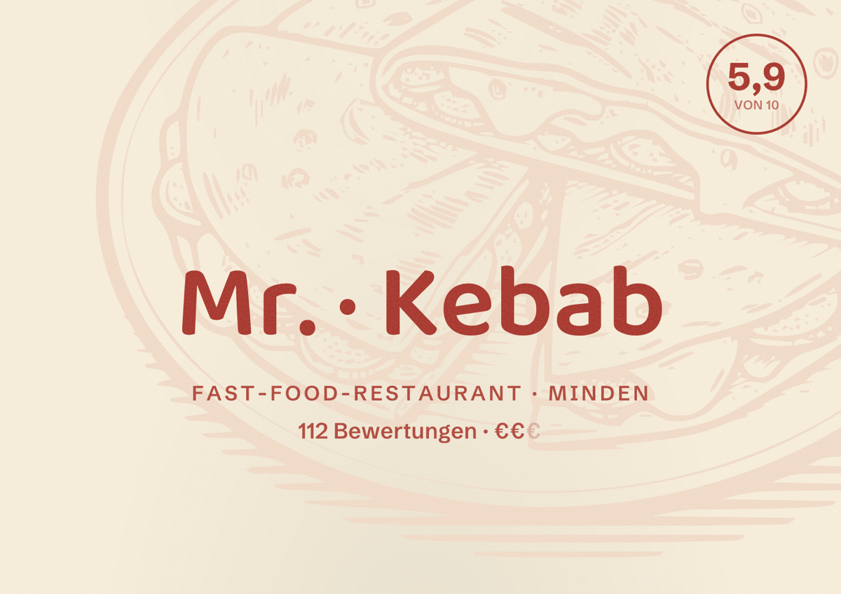 Illustriertes Poster von Mr. Kebab, Fast-Food-Restaurant in Minden: Bewertung 5,9 von 10 aus 112 Bewertungen, Preisniveau €€
