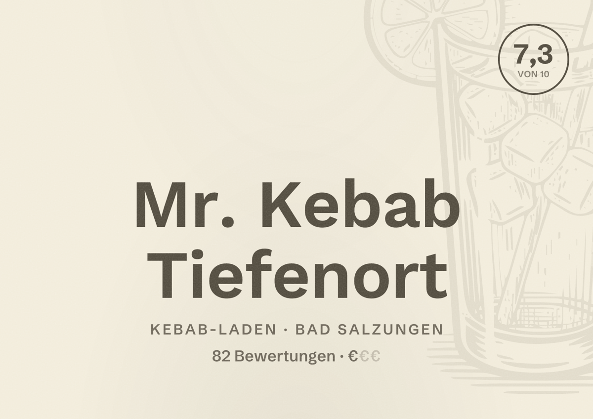 Illustriertes Poster von Mr. Kebab Tiefenort, Kebab-Laden in Bad Salzungen: Bewertung 7,3 von 10 aus 82 Bewertungen, Preisniveau €