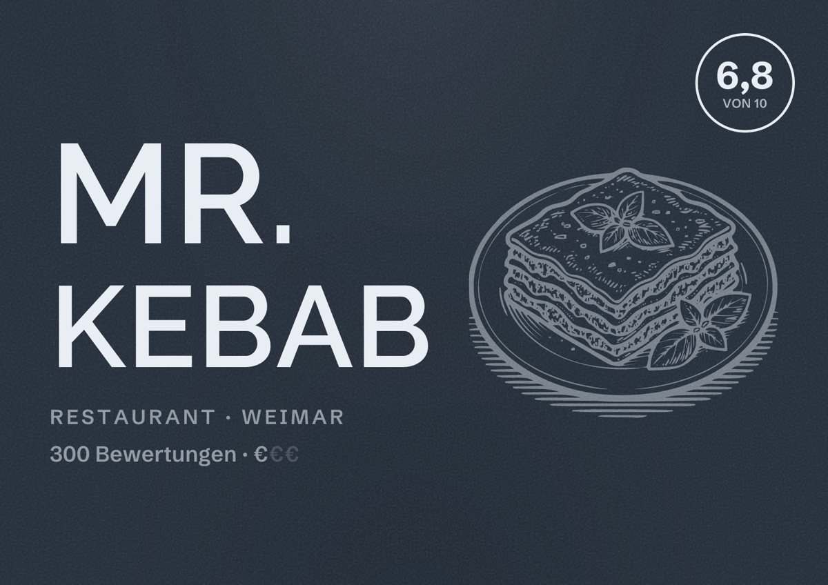Illustriertes Poster von Mr. Kebab, Restaurant in Weimar: Bewertung 6,8 von 10 aus 300 Bewertungen, Preisniveau €
