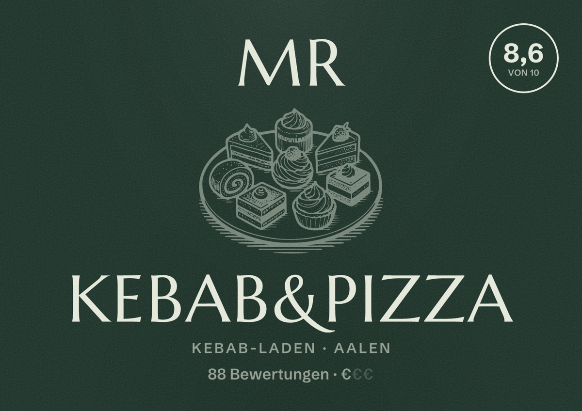 Illustriertes Poster von Mr kebab&Pizza, Kebab-Laden in Aalen: Bewertung 8,6 von 10 aus 88 Bewertungen, Preisniveau €