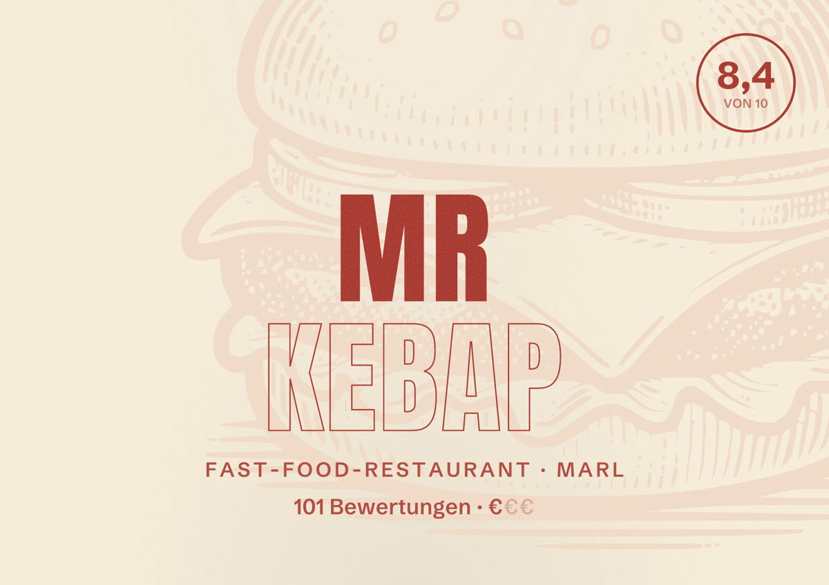 Illustriertes Poster von Mr Kebap, Fast-Food-Restaurant in Marl: Bewertung 8,4 von 10 aus 101 Bewertungen, Preisniveau €