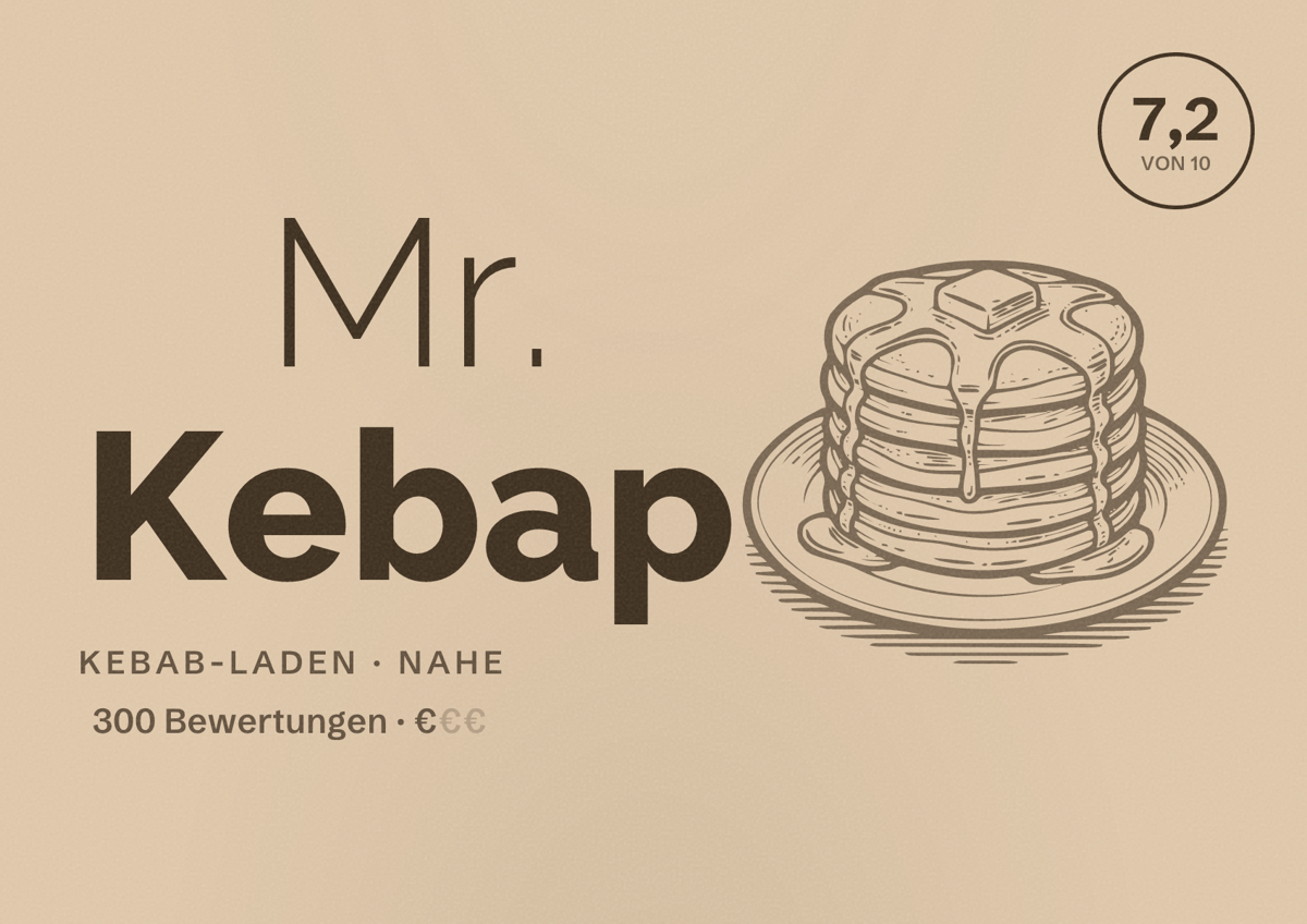Illustriertes Poster von Mr. Kebap, Kebab-Laden in Nahe: Bewertung 7,2 von 10 aus 300 Bewertungen, Preisniveau €