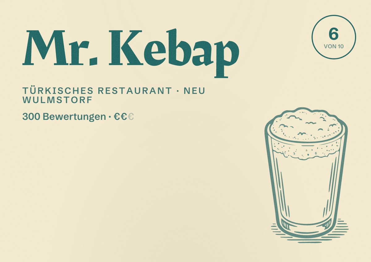 Illustriertes Poster von Mr. Kebap, Türkisches Restaurant in Neu Wulmstorf: Bewertung 6 von 10 aus 300 Bewertungen, Preisniveau €€