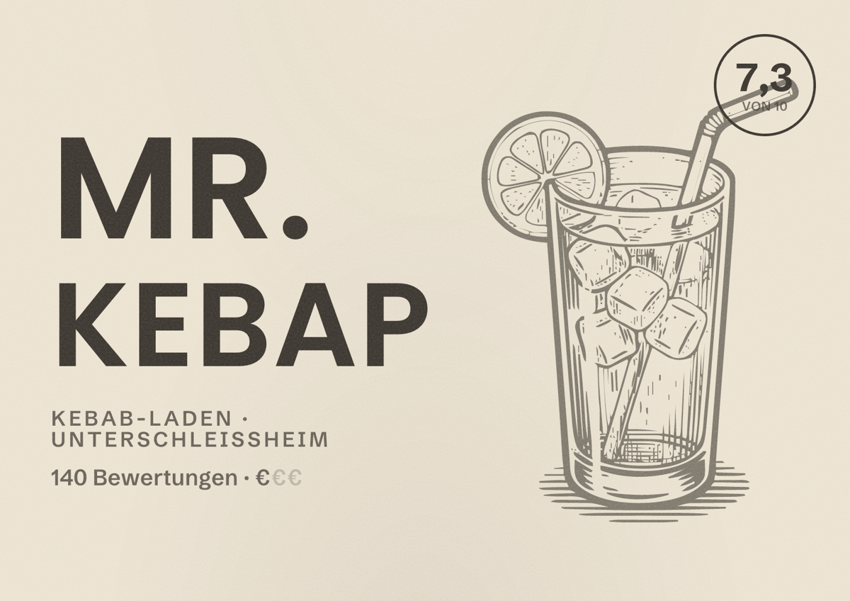 Illustriertes Poster von Mr. Kebap, Kebab-Laden in Unterschleißheim: Bewertung 7,3 von 10 aus 140 Bewertungen, Preisniveau €