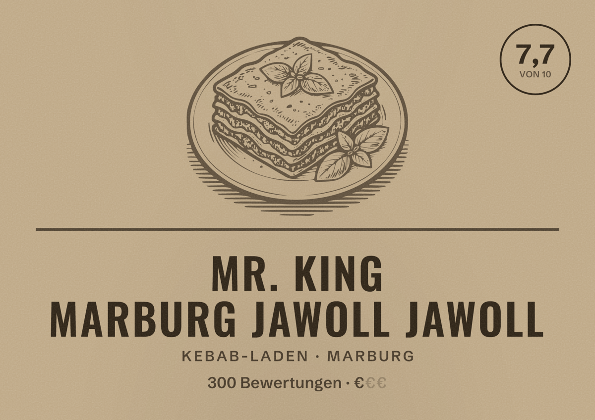 Illustriertes Poster von Mr. King Marburg Jawoll Jawoll, Kebab-Laden in Marburg: Bewertung 7,7 von 10 aus 300 Bewertungen, Preisniveau €