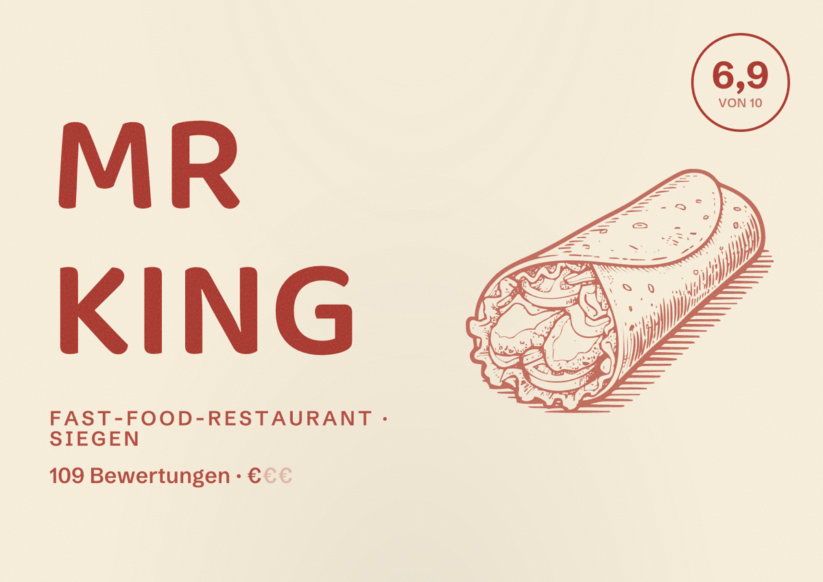 Illustriertes Poster von MR KING, Fast-Food-Restaurant in Siegen: Bewertung 6,9 von 10 aus 109 Bewertungen, Preisniveau €