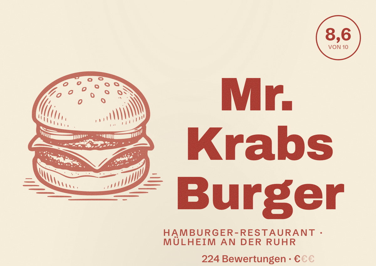 Illustriertes Poster von Mr. Krabs Burger, Hamburger-Restaurant in Mülheim an der Ruhr: Bewertung 8,6 von 10 aus 224 Bewertungen, Preisniveau €
