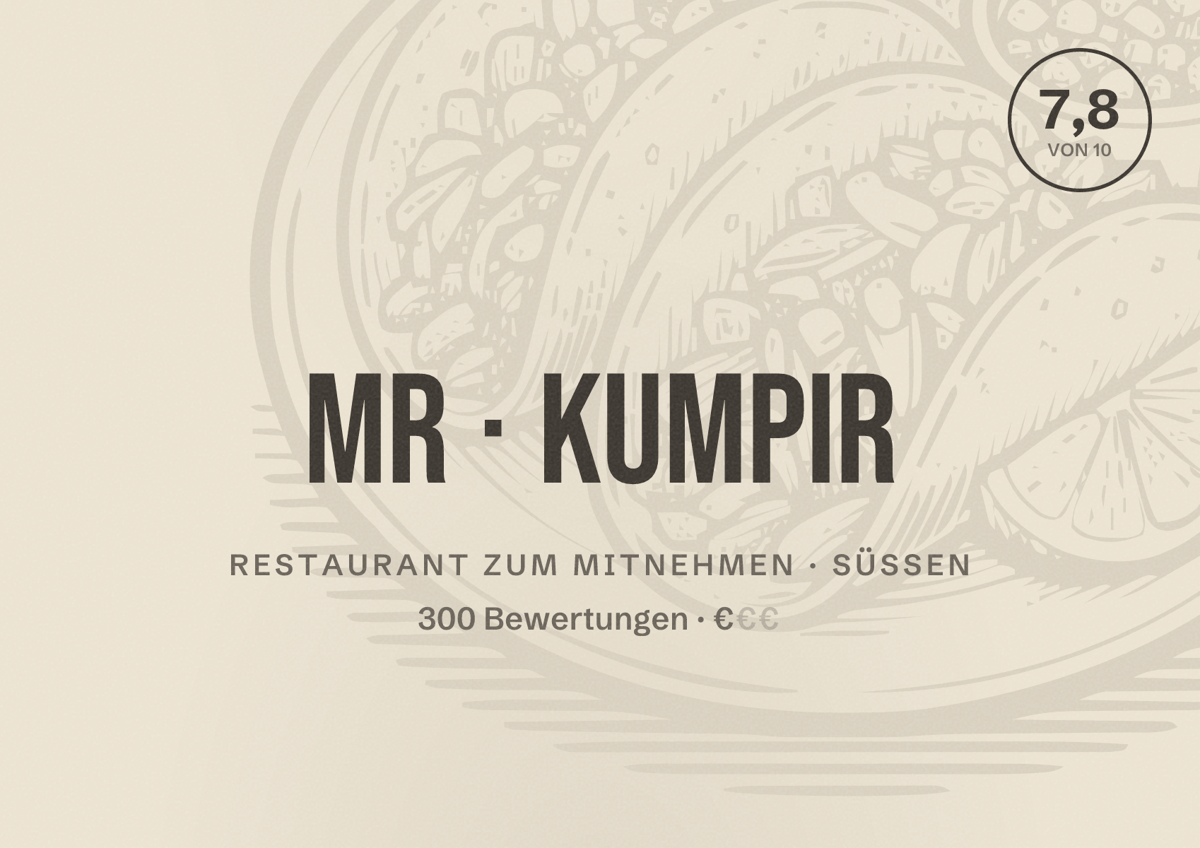 Illustriertes Poster von Mr Kumpir, Restaurant zum Mitnehmen in Süßen: Bewertung 7,8 von 10 aus 300 Bewertungen, Preisniveau €