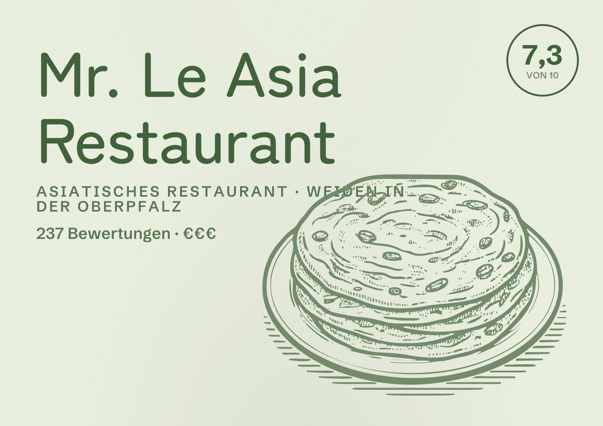 Illustriertes Poster von Mr. Le Asia Restaurant, Asiatisches Restaurant in Weiden in der Oberpfalz: Bewertung 7,3 von 10 aus 237 Bewertungen, Preisniveau €€€