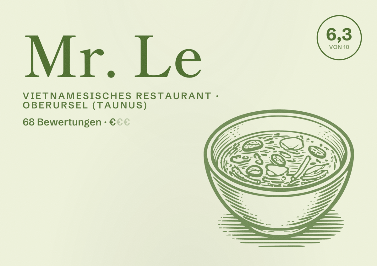 Illustriertes Poster von Mr. Le, Vietnamesisches Restaurant in Oberursel (Taunus): Bewertung 6,3 von 10 aus 68 Bewertungen, Preisniveau €