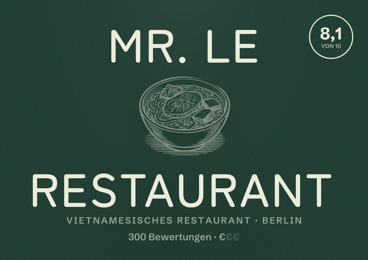 Illustriertes Poster von Mr. Le Restaurant, Vietnamesisches Restaurant in Berlin: Bewertung 8,1 von 10 aus 300 Bewertungen, Preisniveau €