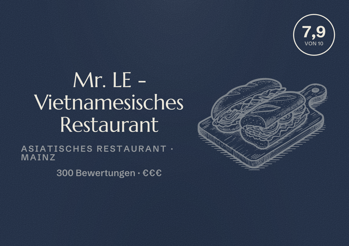 Illustriertes Poster von Mr. LE - Vietnamesisches Restaurant, Asiatisches Restaurant in Mainz: Bewertung 7,9 von 10 aus 300 Bewertungen, Preisniveau €€€