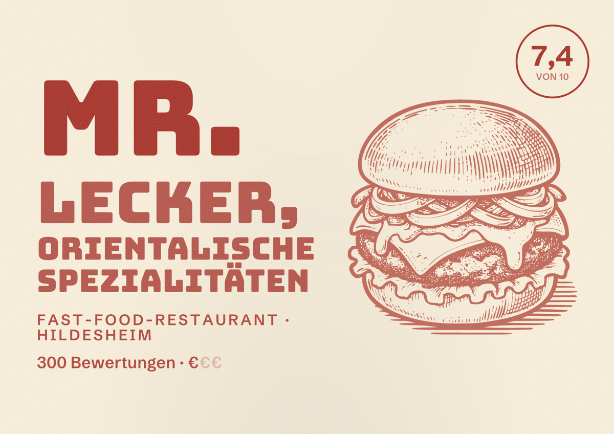 Illustriertes Poster von Mr. Lecker, orientalische Spezialitäten, Fast-Food-Restaurant in Hildesheim: Bewertung 7,4 von 10 aus 300 Bewertungen, Preisniveau €