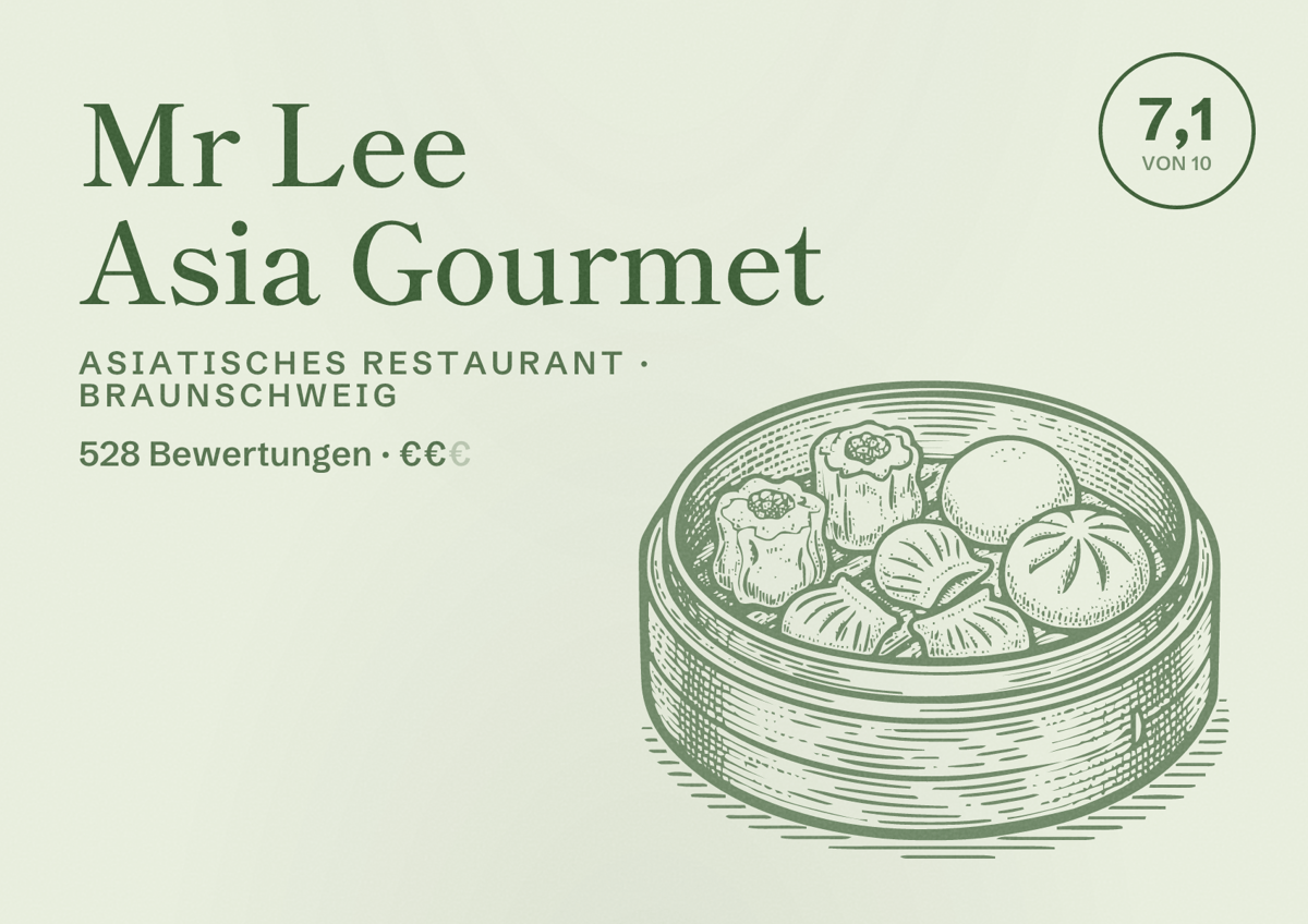 Illustriertes Poster von Mr Lee Asia Gourmet, Asiatisches Restaurant in Braunschweig: Bewertung 7,1 von 10 aus 528 Bewertungen, Preisniveau €€