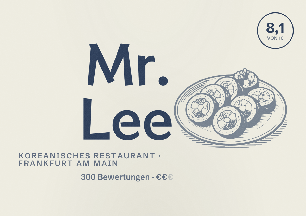 Illustriertes Poster von Mr. Lee, Koreanisches Restaurant in Frankfurt am Main: Bewertung 8,1 von 10 aus 300 Bewertungen, Preisniveau €€