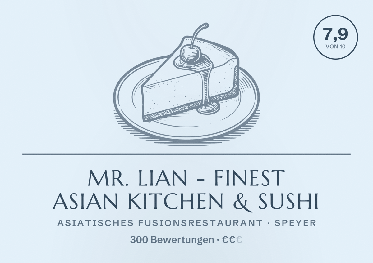 Illustriertes Poster von Mr. Lian - Finest Asian Kitchen & Sushi, Asiatisches Fusionsrestaurant in Speyer: Bewertung 7,9 von 10 aus 300 Bewertungen, Preisniveau €€