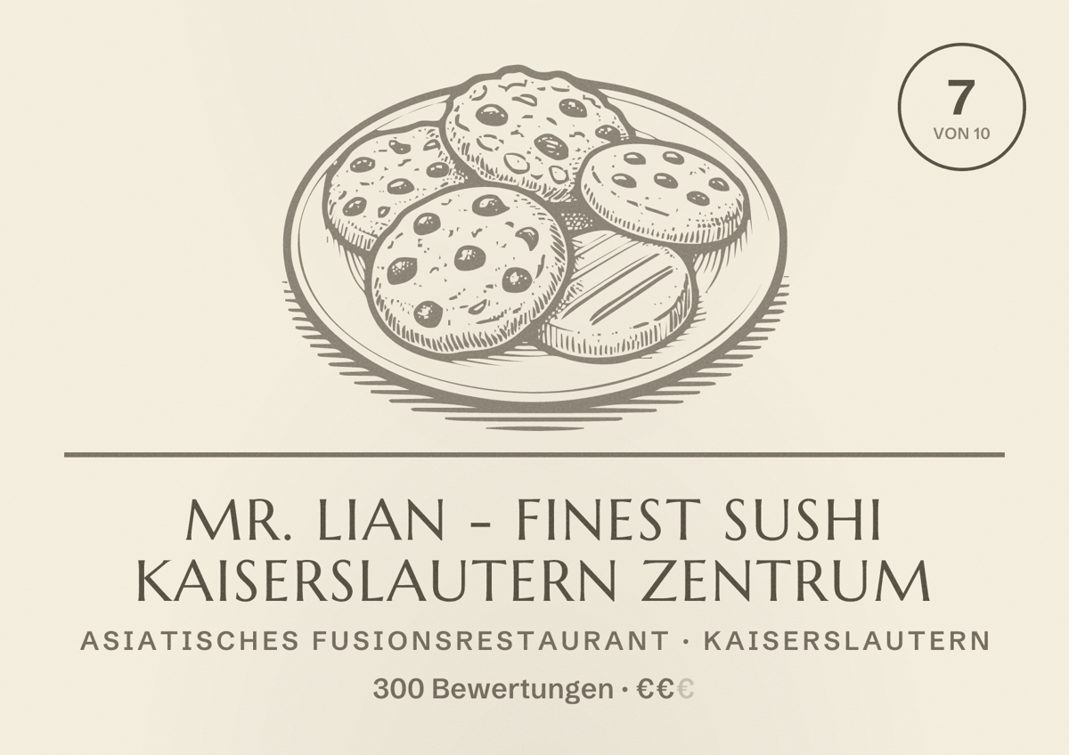 Illustriertes Poster von Mr. Lian - Finest Sushi Kaiserslautern Zentrum, Asiatisches Fusionsrestaurant in Kaiserslautern: Bewertung 7 von 10 aus 300 Bewertungen, Preisniveau €€