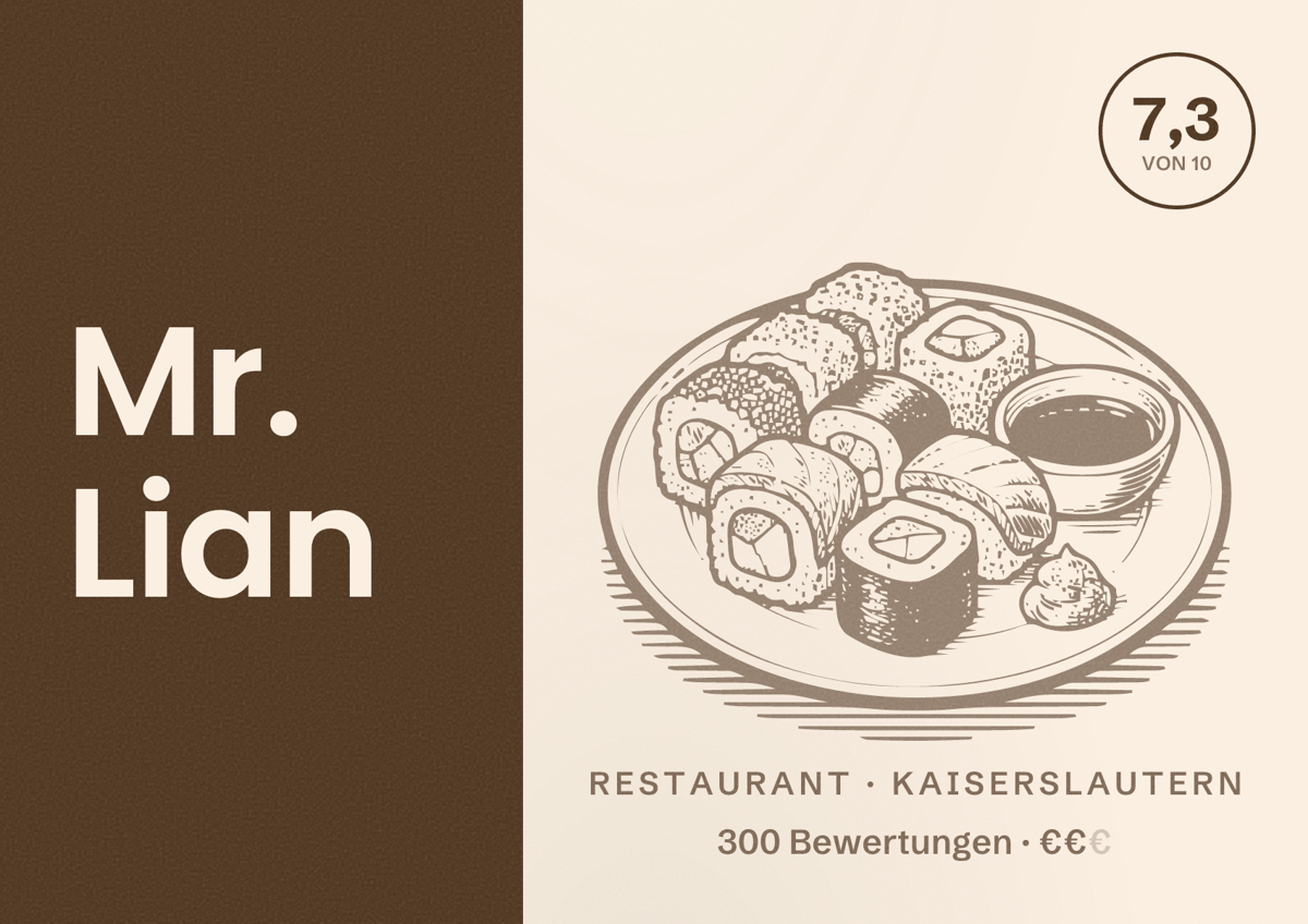 Illustriertes Poster von Mr. Lian, Restaurant in Kaiserslautern: Bewertung 7,3 von 10 aus 300 Bewertungen, Preisniveau €€