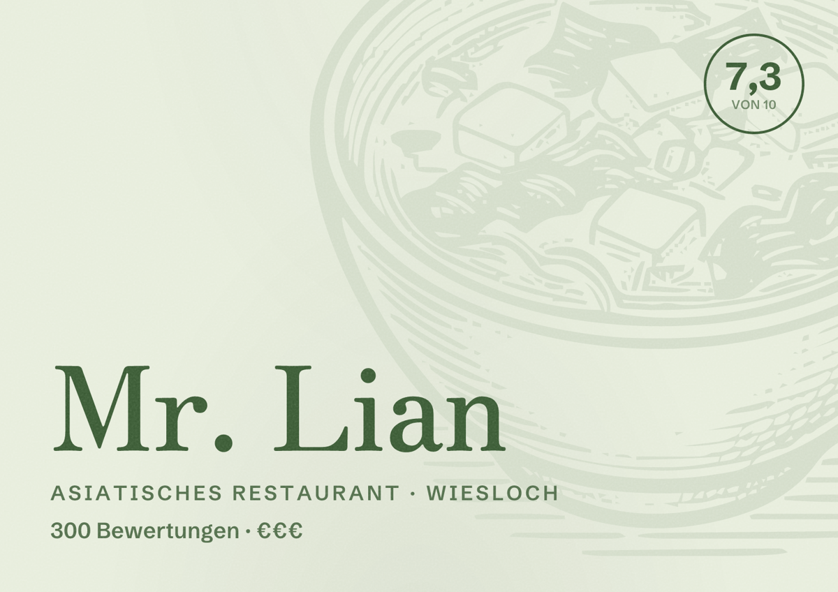 Illustriertes Poster von Mr. Lian, Asiatisches Restaurant in Wiesloch: Bewertung 7,3 von 10 aus 300 Bewertungen, Preisniveau €€€
