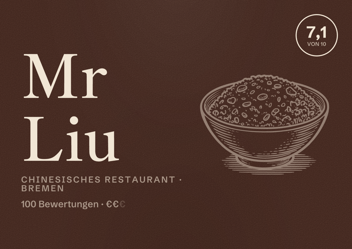 Illustriertes Poster von Mr Liu, Chinesisches Restaurant in Bremen: Bewertung 7,1 von 10 aus 100 Bewertungen, Preisniveau €€