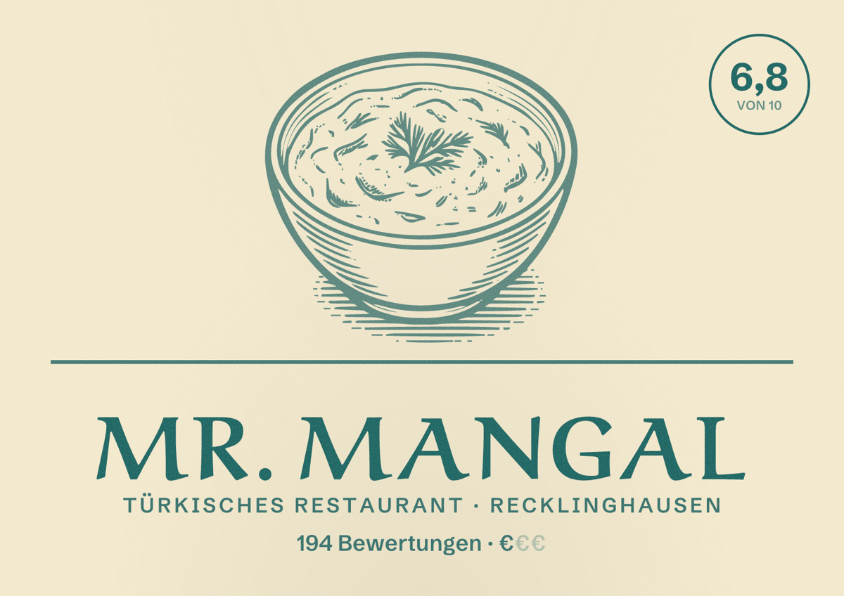 Illustriertes Poster von Mr. Mangal, Türkisches Restaurant in Recklinghausen: Bewertung 6,8 von 10 aus 194 Bewertungen, Preisniveau €