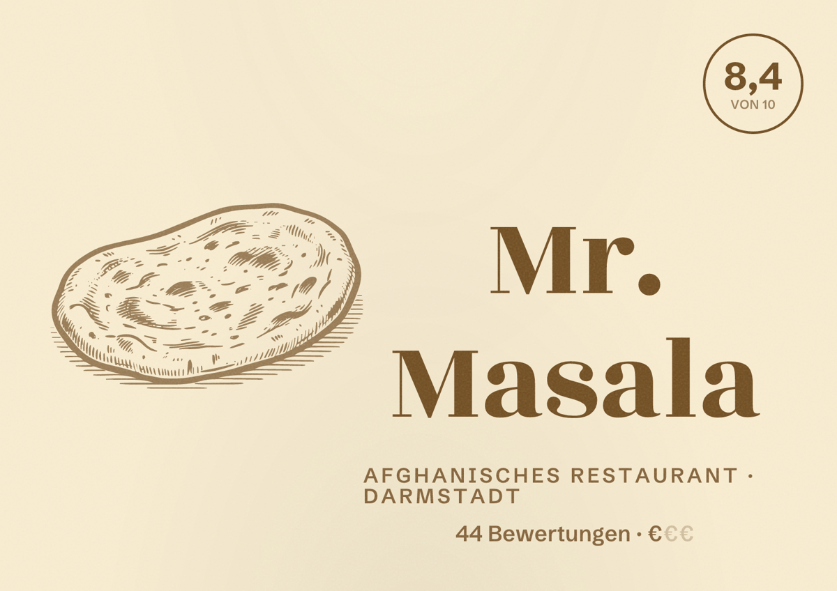 Illustriertes Poster von Mr. Masala, Afghanisches Restaurant in Darmstadt: Bewertung 8,4 von 10 aus 44 Bewertungen, Preisniveau €