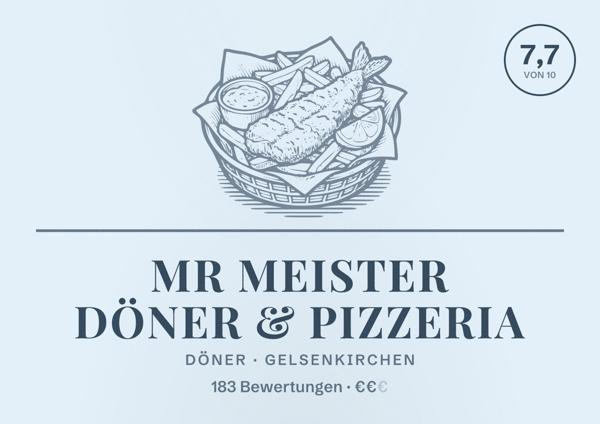 Illustriertes Poster von Mr Meister Döner & Pizzeria, Döner in Gelsenkirchen: Bewertung 7,7 von 10 aus 183 Bewertungen, Preisniveau €€