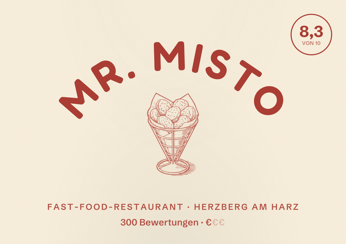 Illustriertes Poster von Mr. Misto, Fast-Food-Restaurant in Herzberg am Harz: Bewertung 8,3 von 10 aus 300 Bewertungen, Preisniveau €