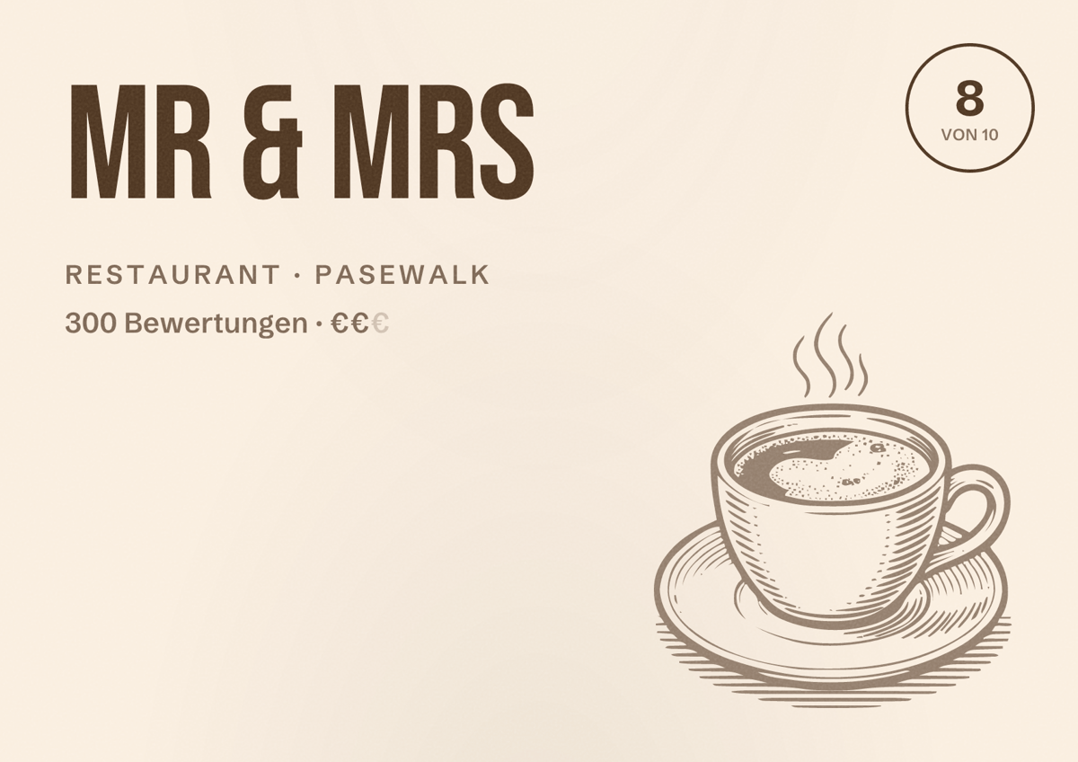 Illustriertes Poster von Mr & Mrs, Restaurant in Pasewalk: Bewertung 8 von 10 aus 300 Bewertungen, Preisniveau €€