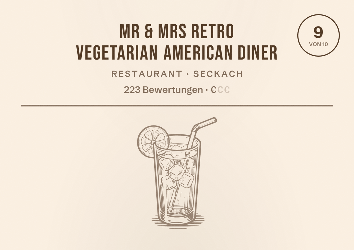 Illustriertes Poster von Mr & Mrs Retro Vegetarian American Diner, Restaurant in Seckach: Bewertung 9 von 10 aus 223 Bewertungen, Preisniveau €