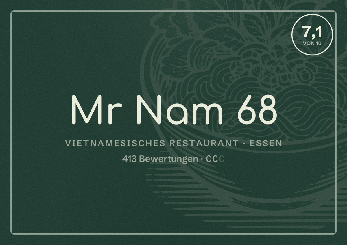 Illustriertes Poster von Mr Nam 68, Vietnamesisches Restaurant in Essen: Bewertung 7,1 von 10 aus 413 Bewertungen, Preisniveau €€