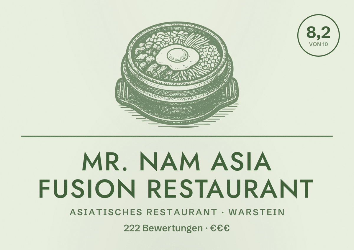 Illustriertes Poster von Mr. Nam Asia Fusion Restaurant, Asiatisches Restaurant in Warstein: Bewertung 8,2 von 10 aus 222 Bewertungen, Preisniveau €€€