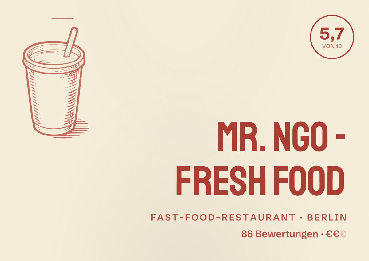 Illustriertes Poster von Mr. Ngo - Fresh Food, Fast-Food-Restaurant in Berlin: Bewertung 5,7 von 10 aus 86 Bewertungen, Preisniveau €€