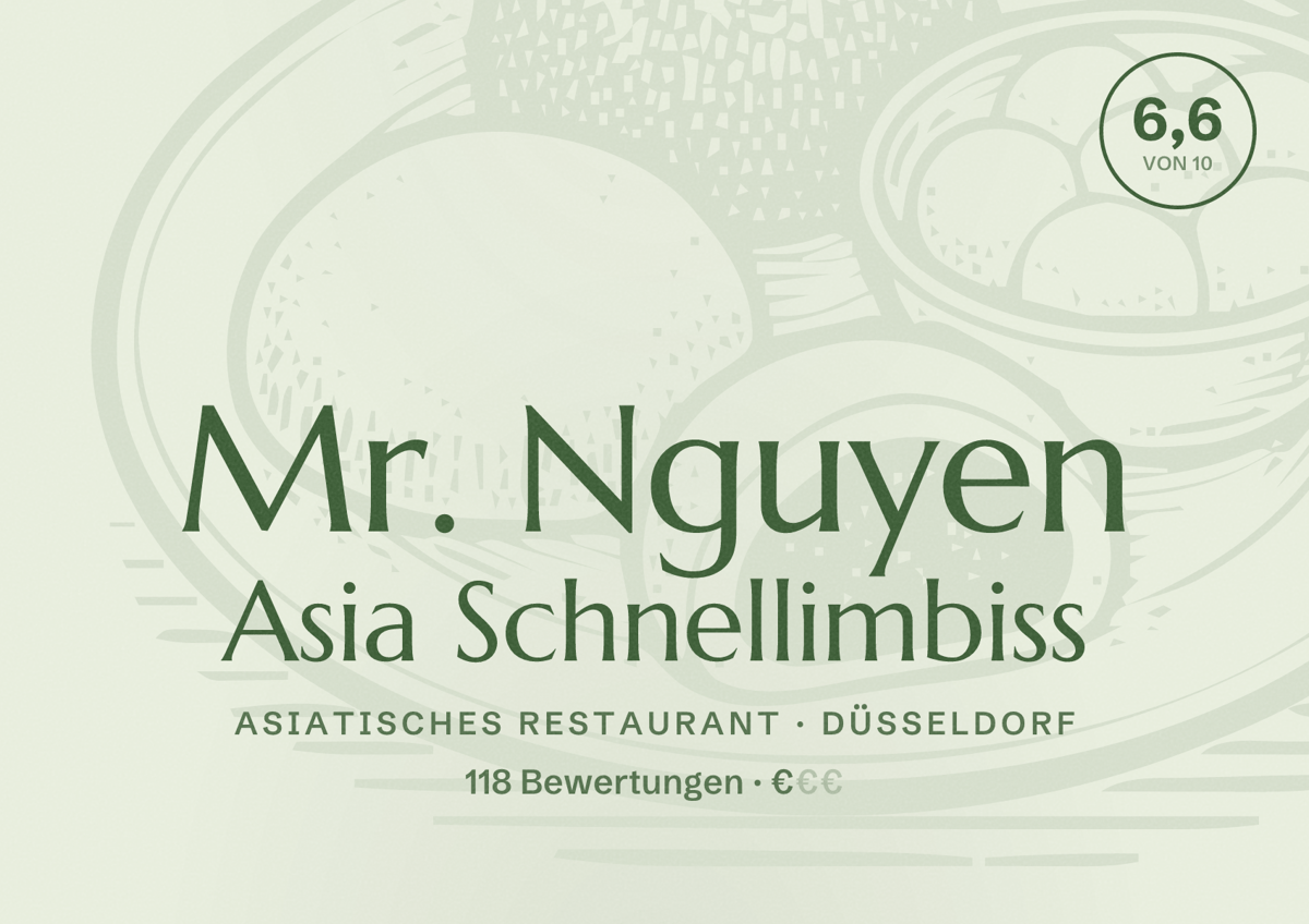 Illustriertes Poster von Mr. Nguyen Asia Schnellimbiss, Asiatisches Restaurant in Düsseldorf: Bewertung 6,6 von 10 aus 118 Bewertungen, Preisniveau €