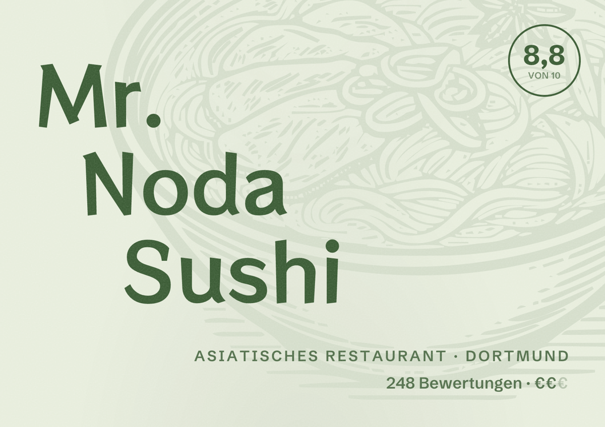 Illustriertes Poster von Mr. Noda Sushi, Asiatisches Restaurant in Dortmund: Bewertung 8,8 von 10 aus 248 Bewertungen, Preisniveau €€