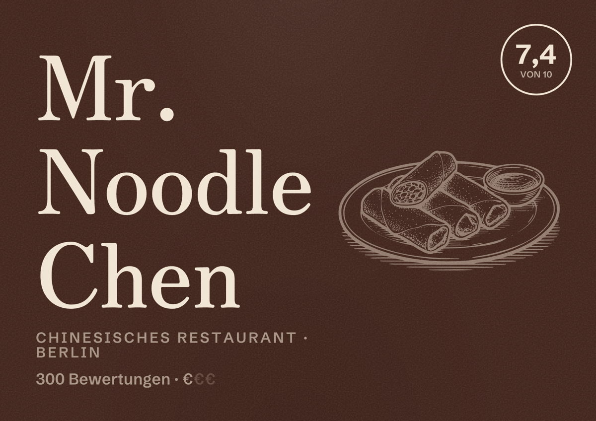 Illustriertes Poster von Mr. Noodle Chen, Chinesisches Restaurant in Berlin: Bewertung 7,4 von 10 aus 300 Bewertungen, Preisniveau €