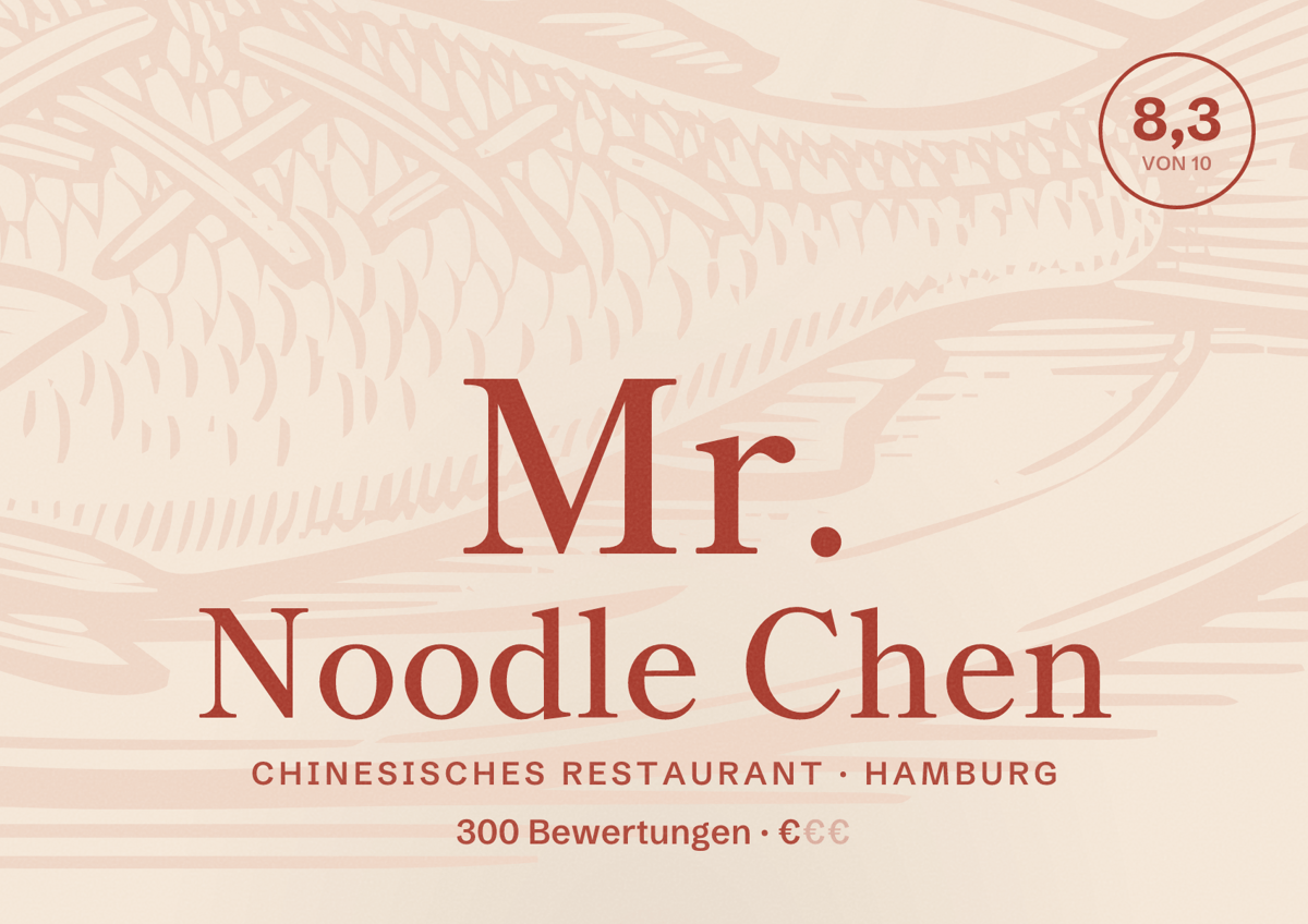 Illustriertes Poster von Mr. Noodle Chen, Chinesisches Restaurant in Hamburg: Bewertung 8,3 von 10 aus 300 Bewertungen, Preisniveau €