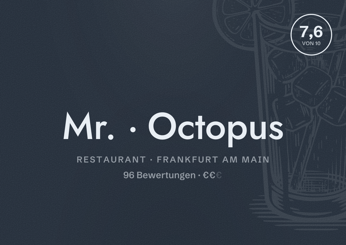 Illustriertes Poster von Mr. Octopus, Restaurant in Frankfurt am Main: Bewertung 7,6 von 10 aus 96 Bewertungen, Preisniveau €€