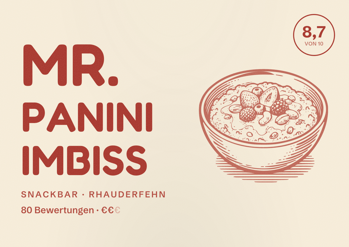 Illustriertes Poster von Mr. Panini Imbiss, Snackbar in Rhauderfehn: Bewertung 8,7 von 10 aus 80 Bewertungen, Preisniveau €€