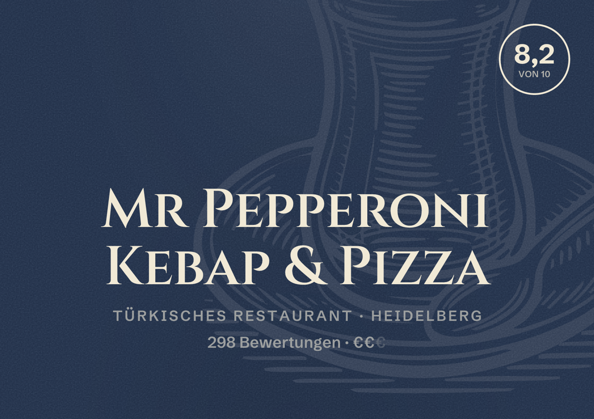 Illustriertes Poster von Mr Pepperoni Kebap & Pizza, Türkisches Restaurant in Heidelberg: Bewertung 8,2 von 10 aus 298 Bewertungen, Preisniveau €€